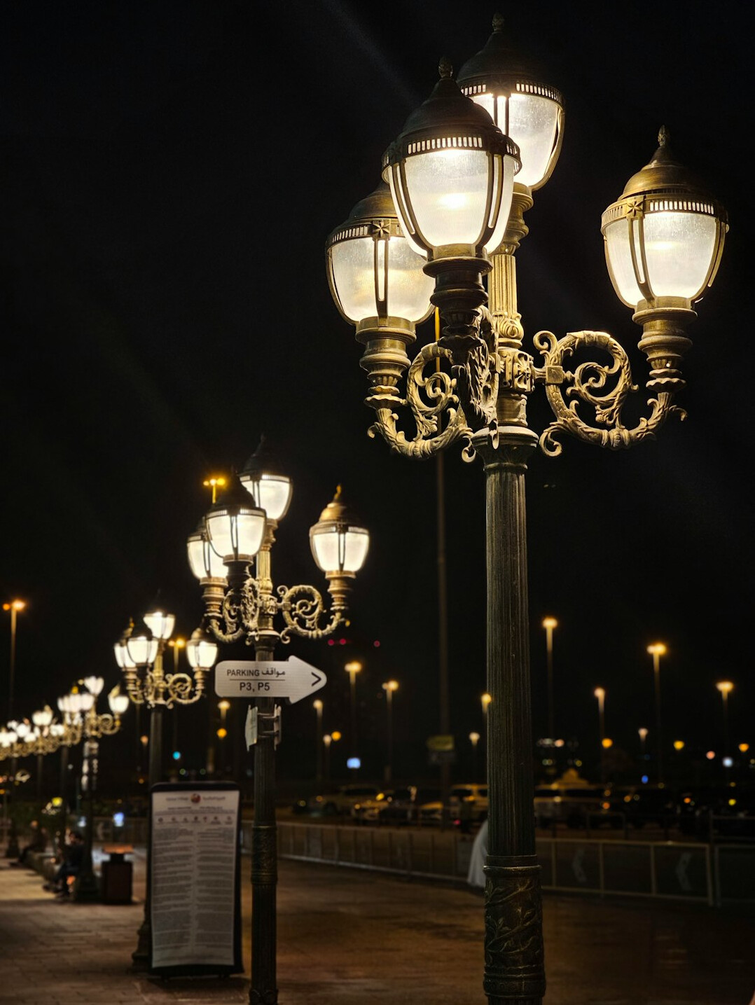 Rainy street in Montevideo at night with glowing lamp posts