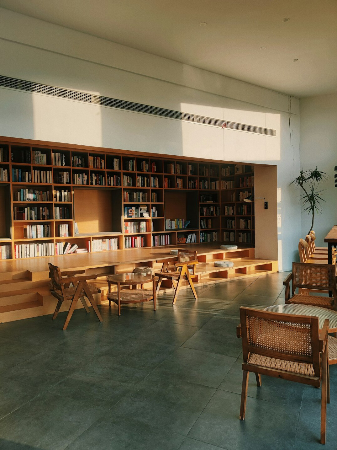 Quiet library interior with tall wooden bookshelves