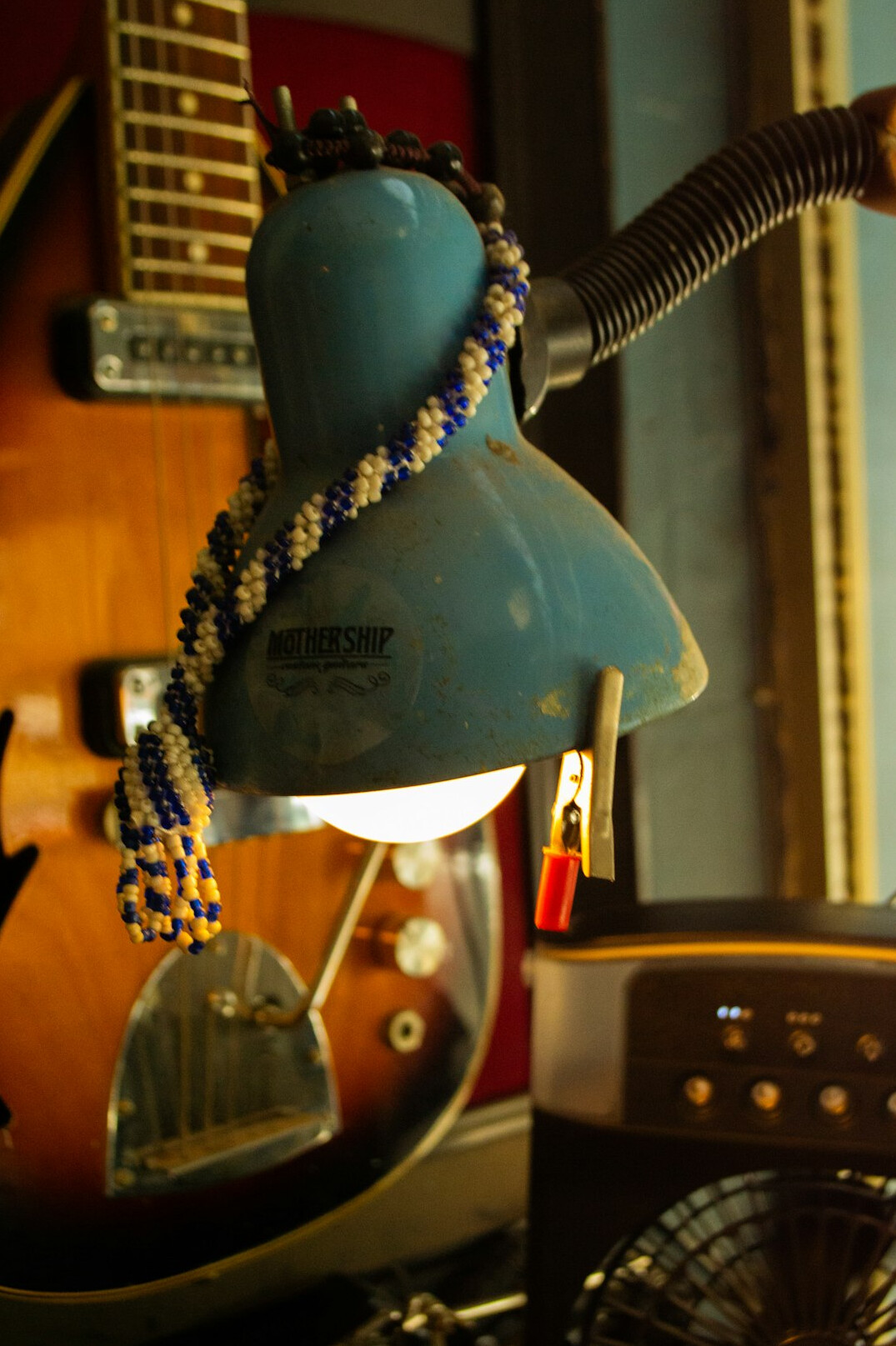 Vintage microphone on a desk in a quiet recording studio